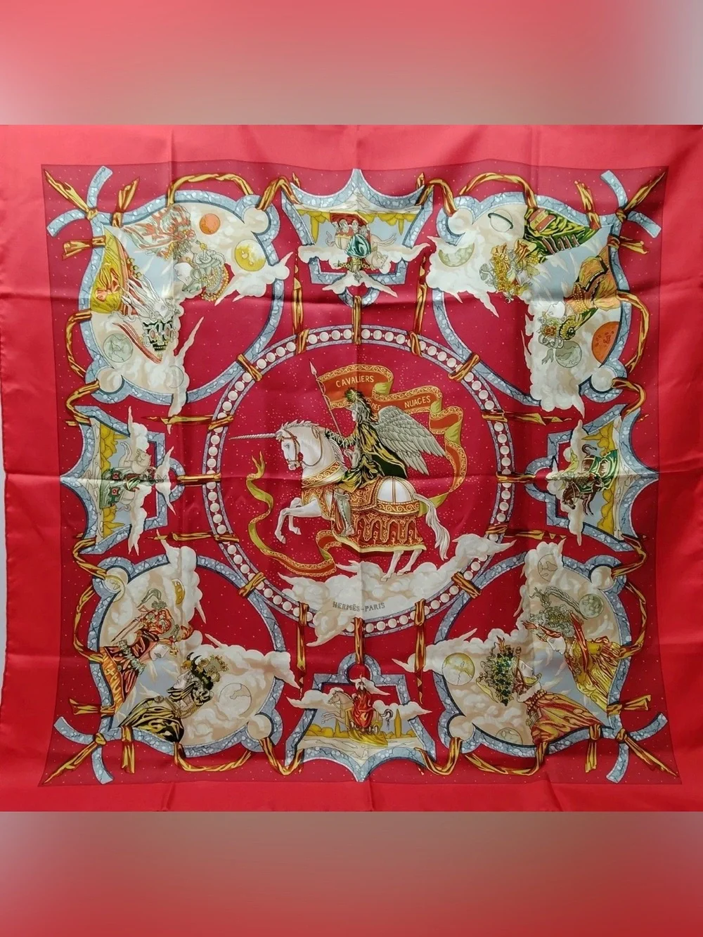 🌈 Hermes Red Cavaliers des Nuages Carre 90 Silk Scarf
